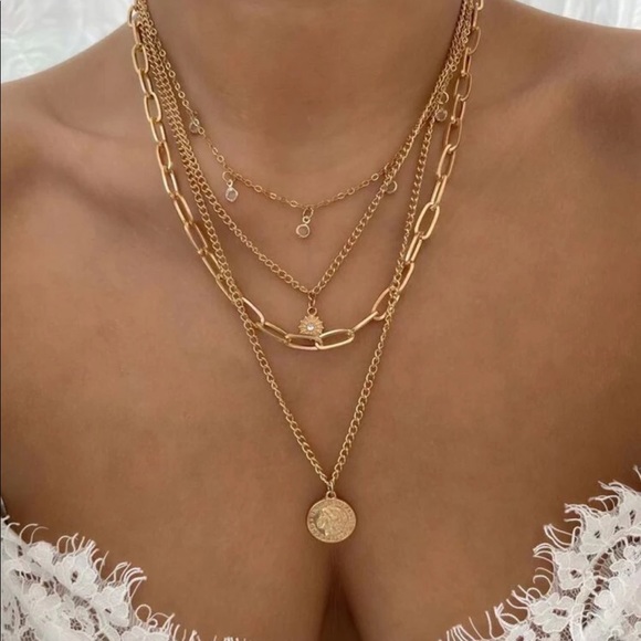 New 18k Gold Tone Layered Necklace Chocker Pendant - Picture 2 of 4